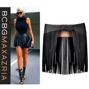 💥CHIC & SEXY💥 Black Snake Embossed Leather Fringe Skirt Contour Waist Belt